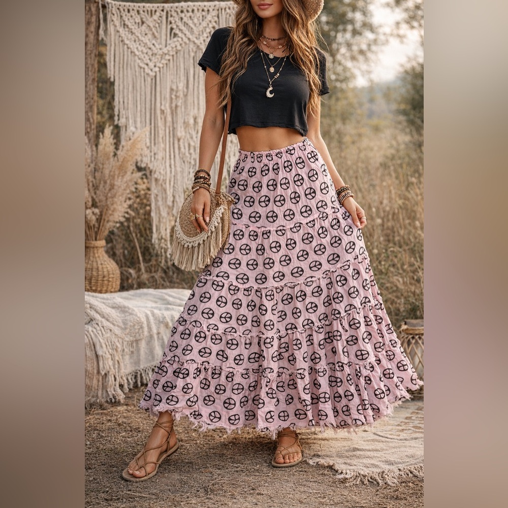 ☮️Peace Pink & Black Cotton Maxi Skirt size small